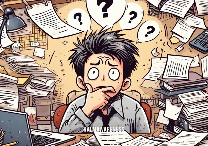 mind mirror examples _ Image: A cluttered desk with scattered papers, a confused person with a furrowed brow. Image description: A chaotic workspace symbolizing a cluttered mind.