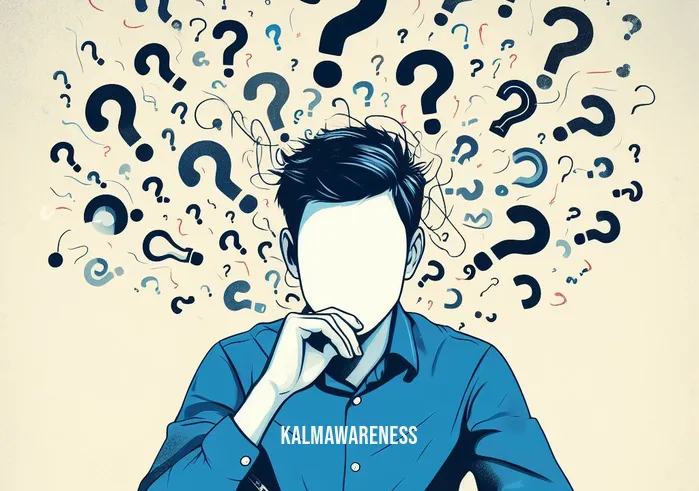 mind mirror examples _ Image: A person sitting at a desk with a blank expression, surrounded by question marks and fragmented thoughts. Image description: The individual appears lost in thought, struggling to find clarity.