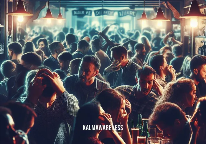 mindful bars _ Image: A crowded, dimly lit bar with people drinking and socializing, looking stressed and overwhelmed. Image description: The bar is filled with noisy chatter, people hunched over their drinks, and a general sense of chaos.