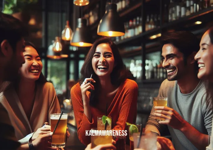 mindful bars _ Image: A group of individuals sharing stories and laughter over non-alcoholic drinks at a cozy, well-lit bar. Image description: Smiles and laughter fill the air as friends bond over refreshing, alcohol-free beverages.