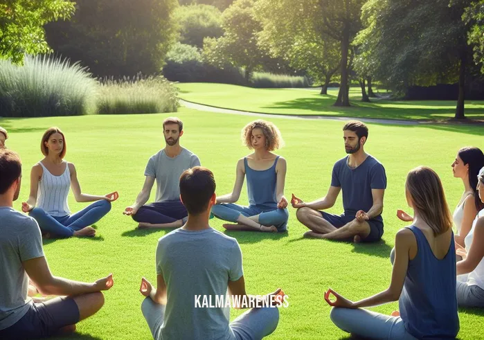 mindful bite _ Image: A serene park scene, with a group of people sitting in a circle on lush green grass, holding a meditation pose, with their eyes closed and focused expressions.Image description: Mindful gathering - A tranquil park setting, people sitting in a circle on green grass, meditating with closed eyes and focused expressions.
