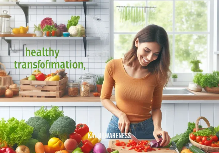 mindful bite _ Image: A kitchen filled with colorful fruits, vegetables, and whole grains, with someone preparing a balanced meal, chopping fresh ingredients, and smiling.Image description: Healthy transformation - A vibrant kitchen scene, someone joyfully preparing a balanced meal with fresh, colorful ingredients.