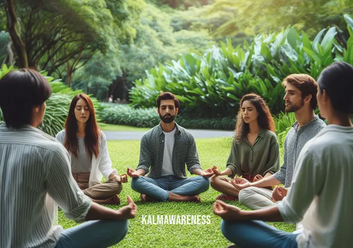 mindful bubbles _ Image: A group of people practicing mindfulness in a lush, green park, sitting in a circle, meditating, and sharing a sense of calm.Image description: A circle of individuals in a serene park, practicing mindfulness, meditating together, finding inner peace.