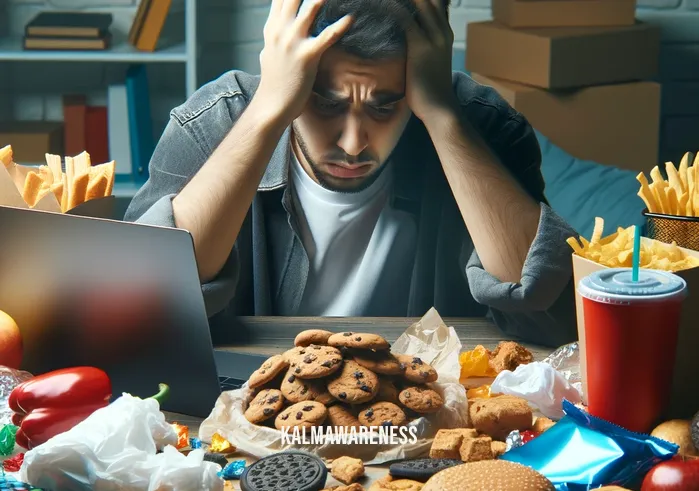 the craving mind _ A person sitting at a desk, surrounded by unhealthy snacks and fast food, visibly stressed and reaching for another cookie. The scene captures the moment of giving in to a craving, illustrating the struggle of the craving mind. The individual