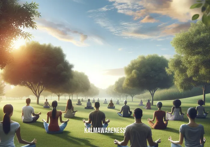 the mindful brain dan siegel _ In the first image, a diverse group of people are sitting cross-legged in a serene park, each deeply engaged in mindful meditation. The scene is peaceful, with a clear sky and a few fluffy clouds. Each individual appears focused and calm, reflecting the practice of mindfulness as advocated by Dan Siegel in his work on the mindful brain. This image visually represents the beginning of the journey towards mindfulness and mental well-being.