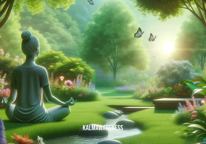 the mindful brain _ A serene garden scene, illustrating a person sitting cross-legged on a lush, green lawn, meditating. Their face is calm and focused, surrounded by blooming flowers and a gently flowing stream nearby, symbolizing peace and mindfulness. Butterflies flutter around, adding to the tranquil atmosphere.