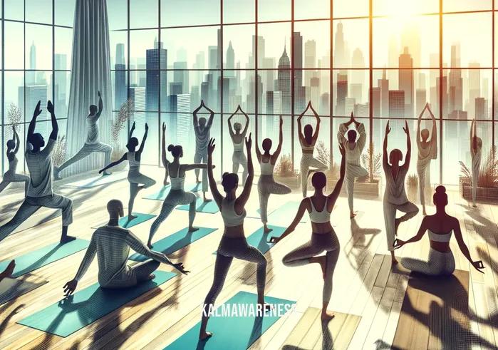 the mindful day _ A group of people participating in a gentle yoga session in a bright, open studio with large windows revealing a cityscape at midday. The room is filled with natural light, and the participants, diverse in age and ethnicity, are in various yoga poses, emphasizing balance and mindfulness. This scene represents incorporating mindfulness and physical wellness into the daily routine.