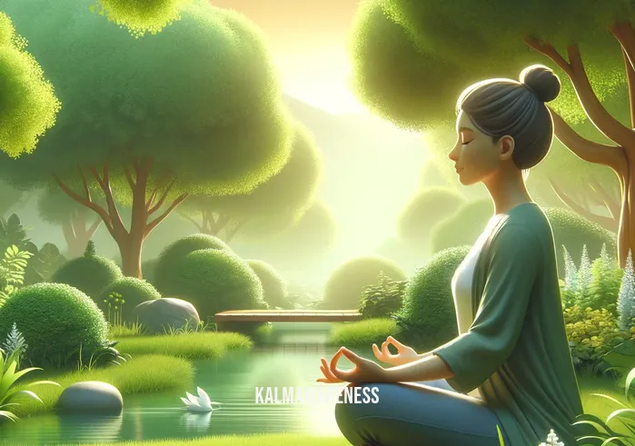 the mindfulness prescription for adult adhd _ A person sitting peacefully in a serene garden, practicing mindfulness meditation. They are surrounded by lush greenery and a small, tranquil pond. Their eyes are closed, and they have a gentle smile, embodying a sense of calm and focus, illustrating the initial step in adopting mindfulness techniques for managing adult ADHD.