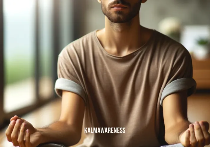 guided meditation divorce _ The second step in the guided meditation process for coping with divorce. This image illustrates a close-up view of an individual in a meditative state, eyes closed with a gentle expression, symbolizing inner peace and acceptance. The person is seated cross-legged on the cushion from the previous image, hands resting gently on their knees. The background shows a blurred view of the serene room, emphasizing focus and mindfulness in the journey of emotional healing and personal growth after divorce.