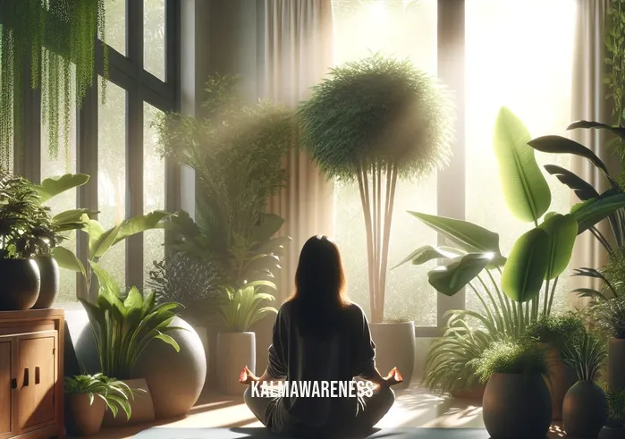 guided meditation negativity _ A person sitting in a tranquil, sunlit room, surrounded by indoor plants, practicing deep breathing for guided meditation. They are in a relaxed posture, eyes closed, with a serene expression, symbolizing the initial phase of releasing negativity and stress.A panoramic view of a lush garden at sunrise, depicting the person from the first image now standing, arms spread wide, facing the rising sun. The scene represents a metaphorical journey towards positivity and inner peace, concluding the meditation session.