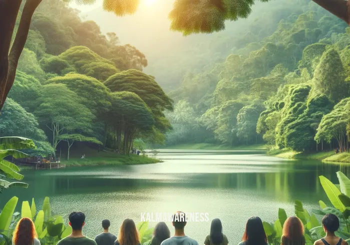 meditation for courage _ A serene outdoor setting with a diverse group of individuals sitting in a circle on the grass, practicing meditation. They are in various meditation poses, eyes closed, with a backdrop of lush green trees and a tranquil lake. The scene exudes a peaceful and supportive atmosphere, embodying the beginning steps of finding courage through meditation.