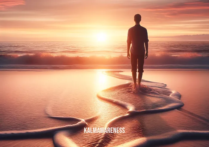 meditation for letting go of a relationship _ A tranquil beach scene at sunset, showing a lone individual standing at the water