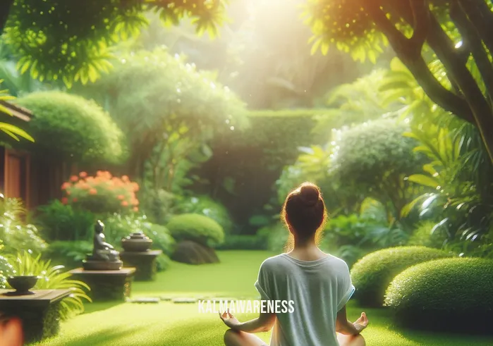 meditation for negative thoughts _ A serene setting depicts a person sitting cross-legged on a lush green lawn, surrounded by a tranquil garden. Their eyes are gently closed, and their hands rest on their knees in a meditative pose. Soft sunlight filters through the leaves, casting a warm, peaceful glow over the scene, symbolizing the beginning of a journey towards inner peace and the release of negative thoughts.