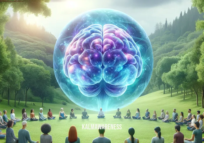 mind icon _ In the first image, a serene landscape is depicted where a group of people of diverse ages and ethnicities are gathered in a lush, green park. They are seated in a circle on the grass, engaged in a meditation session. In the center of the circle, there