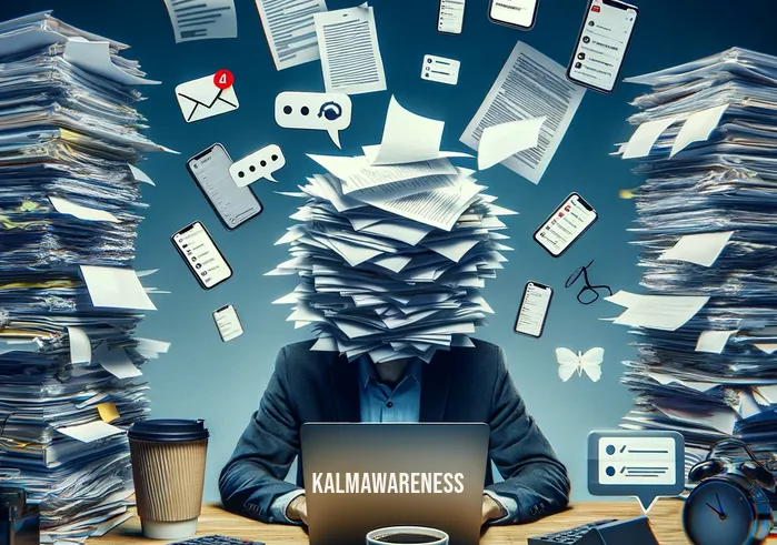 mindfull vs mindful _ A person sitting in a cluttered, chaotic office, surrounded by stacks of papers, multiple electronic devices buzzing with notifications, and a large, overflowing cup of coffee. Their expression is one of overwhelm and distraction, symbolizing a 