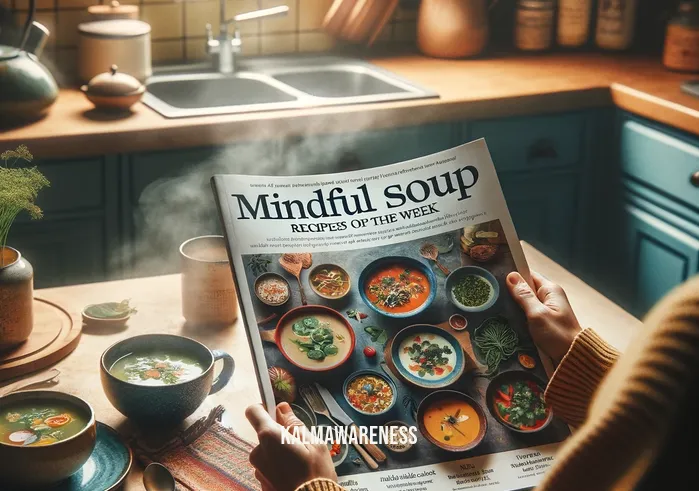 soup articles weary mindful the week _ A person sitting at a cozy kitchen table, reading a magazine titled "Mindful Soup Recipes of the Week". The magazine is open to a page with colorful images of various healthy soups and thoughtful articles on mindfulness and wellness. The kitchen is warmly lit, with a steaming bowl of soup on the table, suggesting a calm and relaxing atmosphere for enjoying a quiet meal and reading.