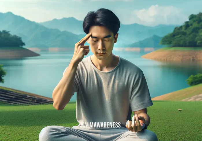 tapping meditations _ A serene outdoor setting with a person of Asian descent, dressed in comfortable clothing, sitting cross-legged on a lush green grass. They are practicing a tapping meditation, gently tapping their forehead with their fingertips, eyes closed, and a calm expression on their face. The background shows a tranquil lake and distant mountains under a clear blue sky.