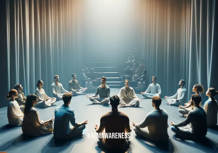 meditation for actors _ A tranquil meditation space in a theater, with a group of actors sitting in a circle on the stage. The actors are in various relaxed poses, some sitting cross-legged, others lying down, all with eyes closed. Soft lighting and a serene atmosphere are evident, emphasizing the focus on mental preparation and relaxation for the actors before a performance.