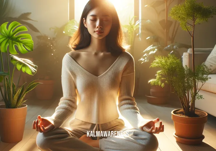 meditation for heartbreak _ A young woman of East Asian descent sits in a serene, sunlit room, surrounded by indoor plants. She is in a meditative pose, eyes closed, with a peaceful expression. Her hands are placed gently on her knees, palms facing upward. The soft morning light creates a warm, calming atmosphere, reflecting her journey of finding solace and healing from heartbreak through meditation.