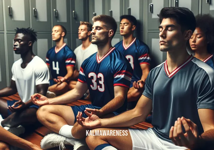 pregame meditation _ A serene setting in a locker room where a diverse group of athletes, each in their team