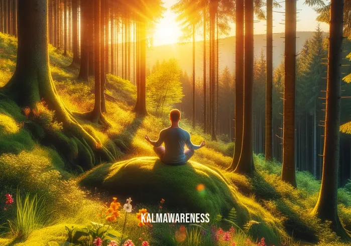 awake in the wild _ A serene image of a person meditating at sunrise in a lush, green forest. The individual sits cross-legged on a small, moss-covered hill, surrounded by towering trees and blooming wildflowers. The early morning sun casts a warm, golden light through the tree branches, creating a peaceful and tranquil atmosphere.