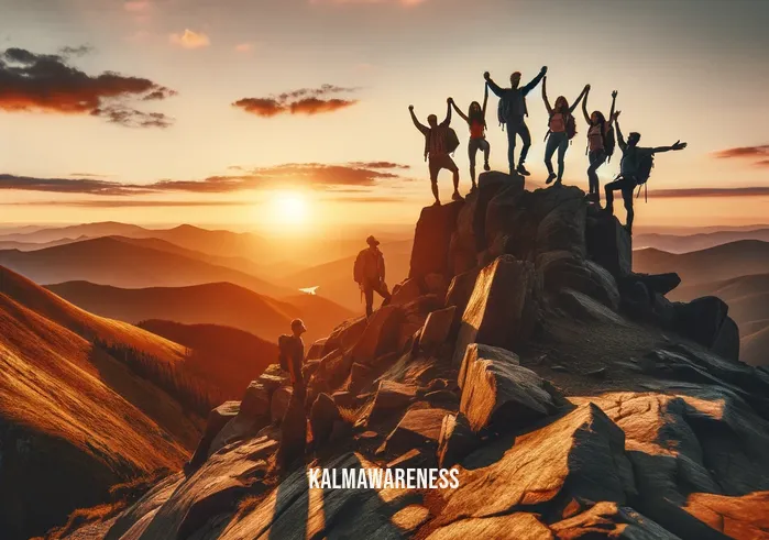 awake in the wild _ A captivating scene of a small group of hikers reaching a mountain summit at sunset. The hikers, diverse in age and appearance, stand on a rocky peak, overlooking a vast, wild landscape. The setting sun paints the sky in hues of orange and pink, casting long shadows and highlighting the natural beauty of the wilderness. The group appears joyful and accomplished, taking in the breathtaking view.