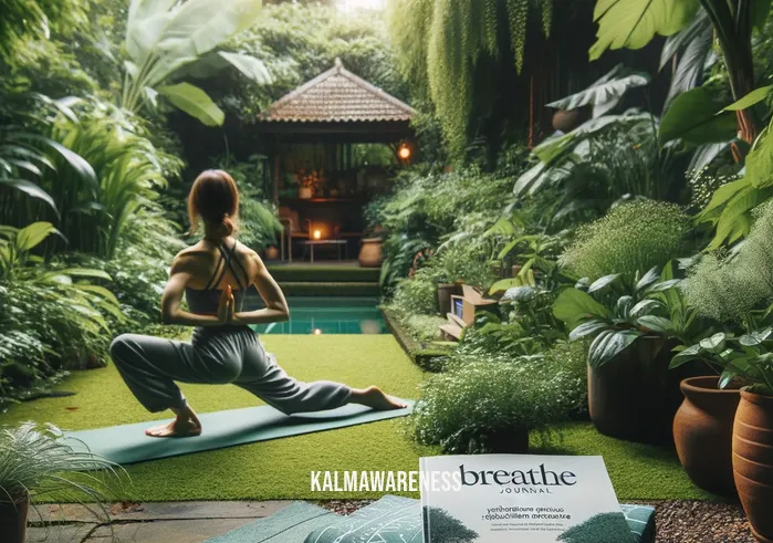 breathe journal magazine _ A second image showing the same woman practicing a yoga pose in her garden, with "Breathe Journal Magazine" placed on a nearby mat. The article she was reading is visible, and she seems to be following the step-by-step relaxation exercise outlined on the page. The garden is lush and green, creating a peaceful and rejuvenating environment.