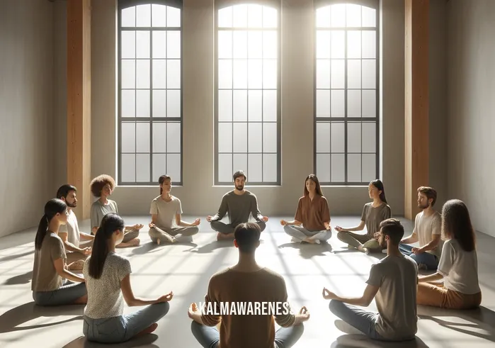 alexis santos meditation _ An image showing a small group of diverse individuals sitting in a semi-circle around Alexis Santos in a spacious, well-lit room. Each person is in a meditative pose, with their eyes closed and hands resting in their laps. The room is minimally decorated, emphasizing a sense of simplicity and focus. Soft, natural light streams in through large windows, illuminating the group and contributing to a sense of warmth and inclusivity.