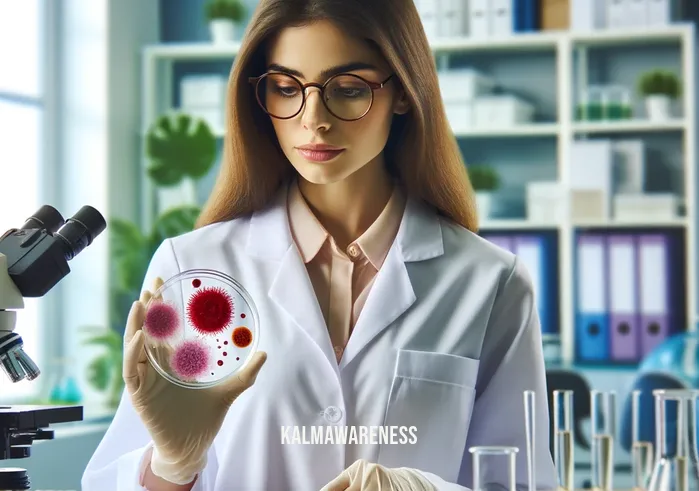 dr. zinn _ Dr. Zinn, wearing a white lab coat and glasses, stands in a bright, modern laboratory, intently examining a petri dish containing a vividly colored culture. The background is filled with scientific equipment, including microscopes and test tubes, subtly highlighting the environment of medical research.