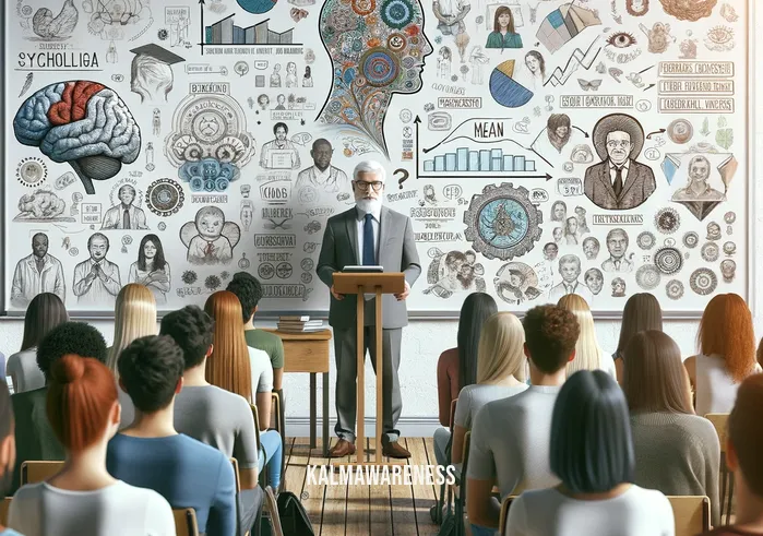 dr.ron siegel _ In an academic setting, Dr. Ron Siegel is shown delivering an engaging lecture to a diverse group of attentive students. He stands at the front, beside a whiteboard filled with detailed psychological concepts, underlining a key point. The students, representing various ethnicities and genders, are taking notes, reflecting a keen interest in the subject.