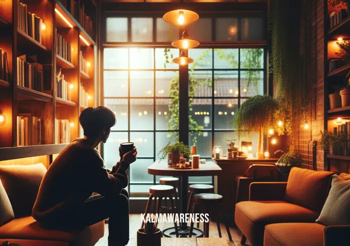 i do mind _ A person sitting in a cozy coffee shop, looking thoughtfully out the window while holding a steaming cup of coffee. The coffee shop has a warm, inviting ambiance with bookshelves and potted plants, reflecting a quiet moment of contemplation.