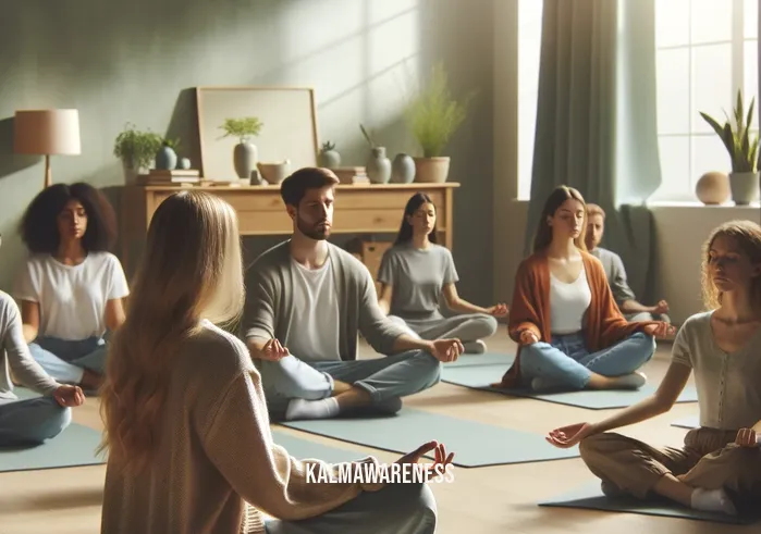 inward bound mindfulness education _ A serene classroom setting with soft, natural lighting. A diverse group of students sit cross-legged on the floor, each with their eyes closed, hands resting gently on their knees. They are engaged in a guided meditation led by a calm instructor, who sits at the front, speaking softly. The room is adorned with calming colors and plants, creating a peaceful atmosphere conducive to mindfulness and introspection.