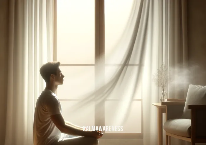 3 minute breathing space _ A person sitting in a serene, sunlit room, eyes closed, practicing deep breathing. Their expression is calm and focused, and a gentle breeze from an open window causes the curtains to flutter slightly, adding to the peaceful ambiance. This image represents the initial stage of the 