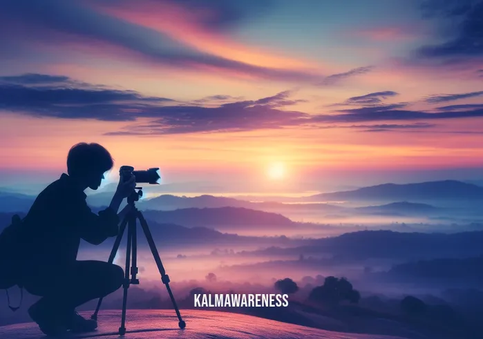 aim for the moment _ A serene landscape at dawn, with soft pastel colors painting the sky. In the foreground, a focused photographer is setting up a tripod and camera, capturing the first light of day. The scene exudes a peaceful, contemplative atmosphere, embodying the concept of seizing the present moment.