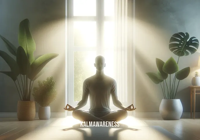 aphantasia meditation _ A person with aphantasia, depicted as a serene figure with eyes closed, sits in a lotus position in a tranquil room. Soft sunlight filters through a window, casting a gentle glow on an array of indoor plants. The room radiates a sense of calm, with minimalistic decor and muted colors, creating an environment conducive to meditation and inner peace.