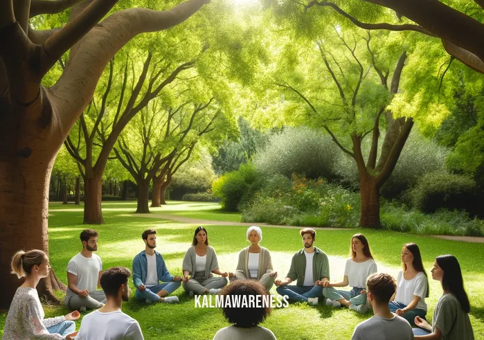 beginning mindfulness _ A group of diverse individuals sitting in a circle in a park, engaged in a guided mindfulness meditation. The park is lush and green, with trees providing a canopy of shade. Each participant, with their eyes closed and a look of serenity, is focused on the instructor