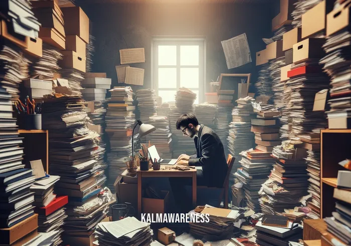 create space meaning _ A person sitting in a cluttered room, surrounded by stacks of books, papers, and various items. They appear overwhelmed and cramped, with a look of frustration on their face as they try to find space on a small desk. The scene conveys a sense of chaos and lack of space.