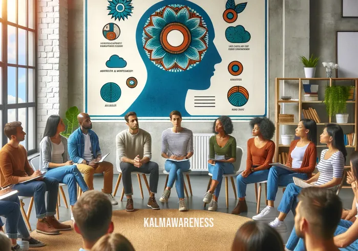 full attention _ In the first image, a group of people of various ethnicities are gathered in a circle, attentively listening to a speaker who is giving a presentation about mindfulness and concentration. The room is brightly lit, with a large poster on the wall displaying the words "Full Attention". Everyone in the room appears engaged and focused, with some taking notes and others nodding in agreement.