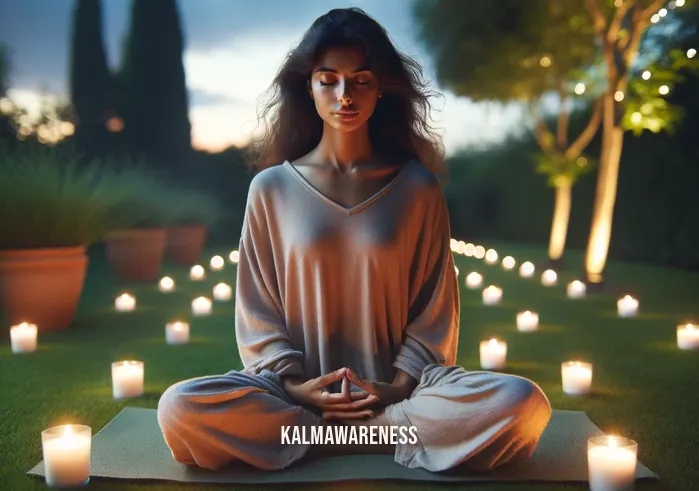 how to meditate for answers _ A serene outdoor setting at dusk, showcasing a person of South Asian descent, dressed in comfortable white clothing, sitting cross-legged on a lush green lawn. They are surrounded by soft, glowing candles, creating a tranquil atmosphere. Their eyes are closed, hands resting gently on their knees, palms facing upwards, embodying a peaceful meditative state. A gentle breeze stirs the surrounding trees, enhancing the sense of calm.