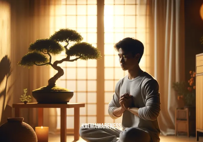 how to meditate for answers _ A warmly lit indoor scene, depicting a person of East Asian descent in a contemplative pose. They are seated comfortably on a cushion in a minimalistic room, with a small bonsai tree and a few simple decorations creating a zen-like atmosphere. The person is deeply focused, with eyes closed and hands in a mudra position, symbolizing the quest for inner answers and enlightenment. Soft, ambient light filters through a nearby window, adding to the serene setting.