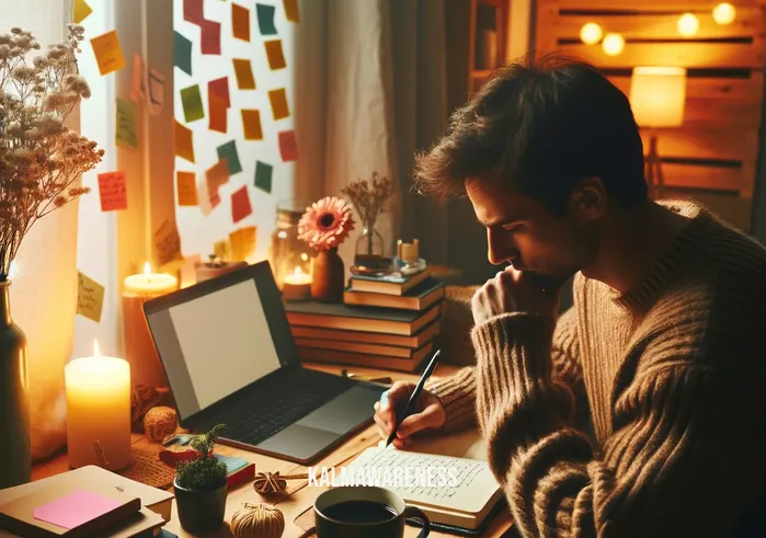 make it meaningful _ A person sitting at a wooden desk, surrounded by colorful sticky notes, a laptop, and a cup of coffee. They are deeply focused on writing in a journal, with a look of contemplation and purpose. The room is warmly lit, creating a cozy and thoughtful atmosphere.