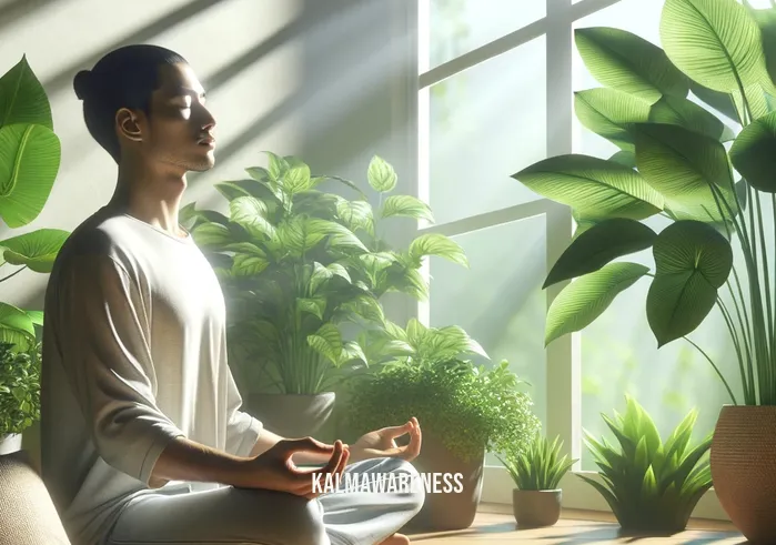 mastering mindfulness _ A serene scene depicting a person of indeterminate descent, comfortably seated in a sunlit room surrounded by green plants. They are practicing deep breathing, with their eyes gently closed and a calm expression on their face, illustrating the first step in mastering mindfulness: focusing on breath to achieve tranquility.