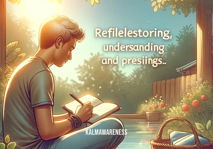 mastering mindfulness _ A different scene shows a person of a different descent, sitting cross-legged in a peaceful outdoor setting, perhaps a garden. They hold a journal and a pen, thoughtfully writing down their thoughts and feelings. This image represents the second step in mindfulness: reflective journaling to understand and process emotions.