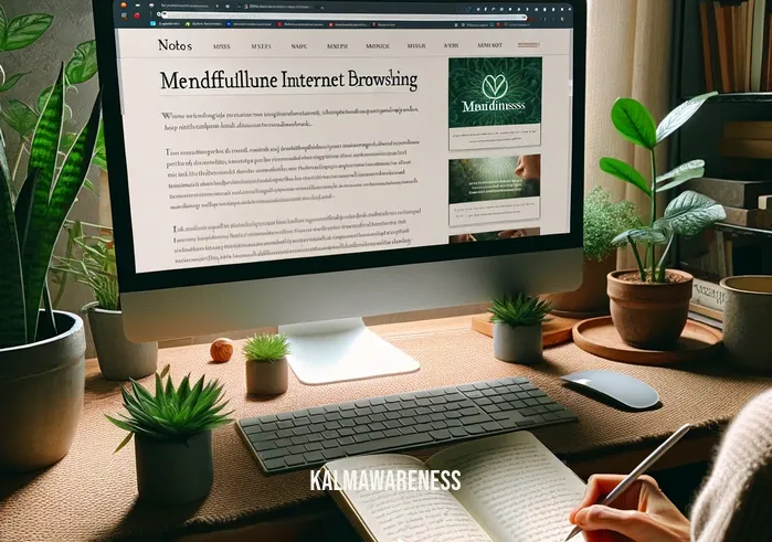 mindful browsing _ A person sitting in a cozy, well-lit home office, surrounded by green plants, intently reading an article on a computer screen with multiple browser tabs open. The screen displays a website focused on mindfulness and wellness, and the person is taking notes in a journal, illustrating a focused and mindful approach to internet browsing.