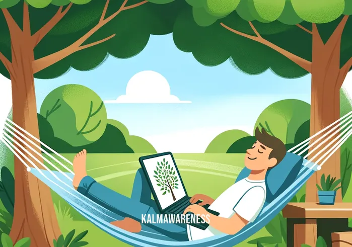 mindful browsing _ A serene outdoor setting with a person lounging in a hammock, laptop on their lap, under the shade of a large tree. The laptop screen shows a peaceful nature-themed website, and the person is smiling contentedly, embodying a relaxed and mindful browsing experience, away from the hustle of everyday life.