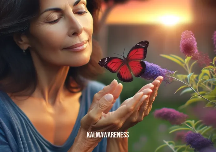 mindful seeing _ A continuation of the garden scene, now showing the woman opening her eyes and gazing intently at a bright red butterfly that has landed delicately on a nearby purple flower. The woman