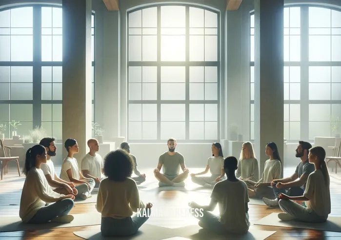 mindfulness centered healing _ A serene indoor setting with a group of diverse individuals seated in a circle, practicing mindful breathing. The room is softly lit, with natural light filtering through large windows, creating a calming ambiance. Each person is focused and peaceful, embodying a sense of collective tranquility. This represents the first step in mindfulness-centered healing, where participants engage in deep, conscious breathing to foster mindfulness and relaxation.