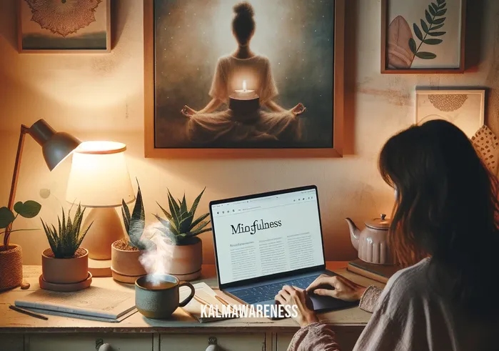 mindfulness newsletter _ A serene home office setting with soft lighting, where a person is calmly seated at a desk, reading a digital "mindfulness newsletter" on a laptop. The room is decorated with tranquil elements like a small potted plant, a soft-toned painting on the wall, and a steaming cup of herbal tea beside the computer.