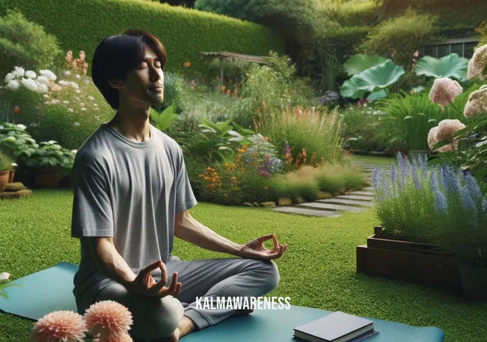 mindfulness newsletter _ A peaceful outdoor scene in a lush garden, where an individual is practicing mindfulness meditation. They are sitting cross-legged on a yoga mat, eyes closed, with a tablet beside them displaying the same "mindfulness newsletter". The surrounding nature, with blooming flowers and a gentle breeze rustling the leaves, adds to the serene atmosphere.