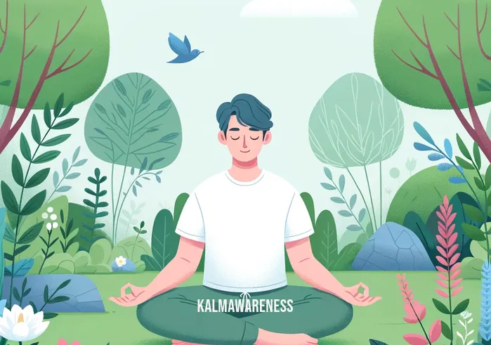 pay attention mindfulness _ A person sitting peacefully in a serene garden, surrounded by lush greenery and blooming flowers. They are in a meditative pose with eyes closed and a gentle smile, symbolizing the beginning of mindfulness practice and the cultivation of inner peace.